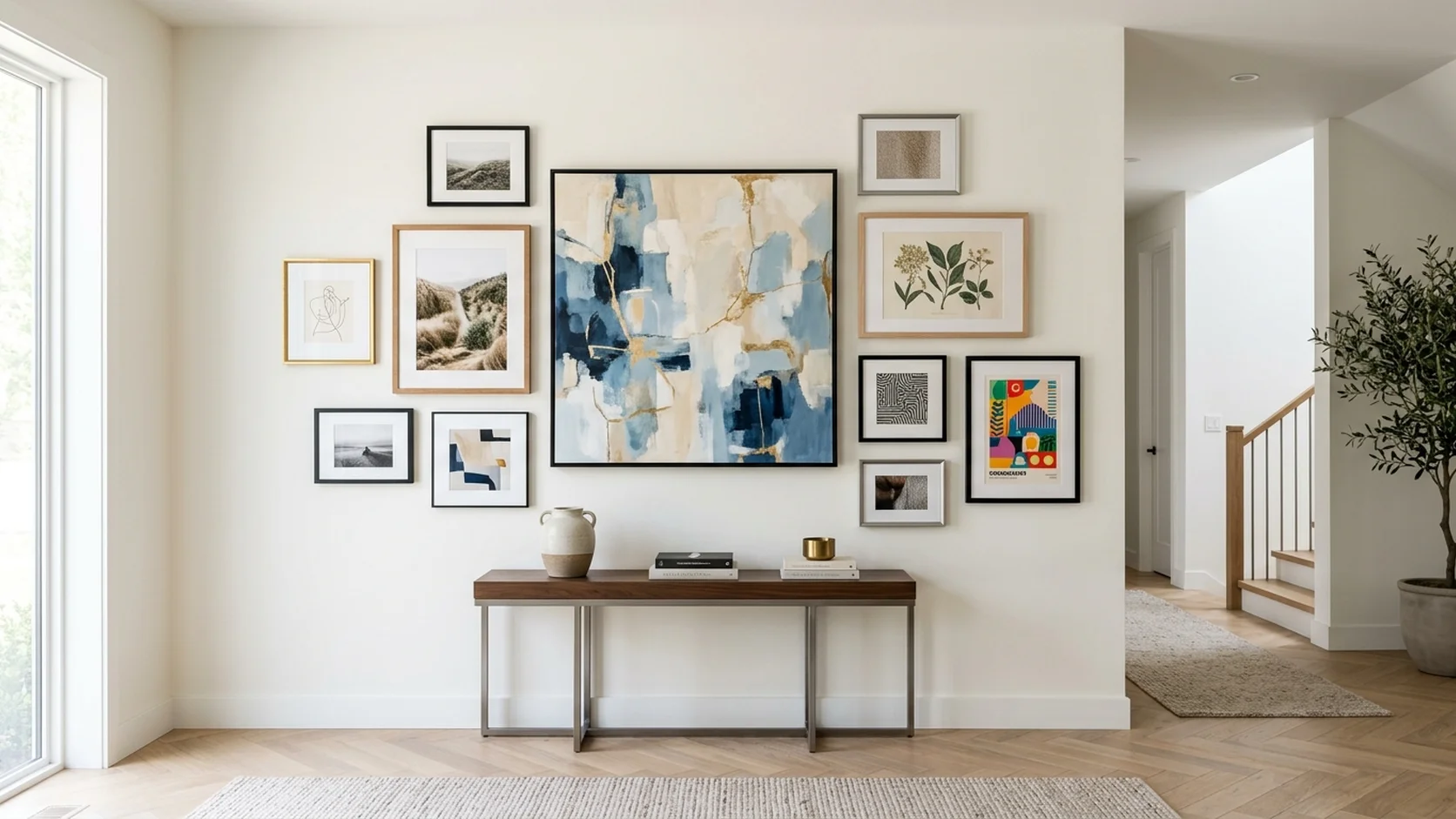 Five popular gallery wall layout patterns: grid, salon style, centerline, staircase, and anchor with satellites shown as visual examples