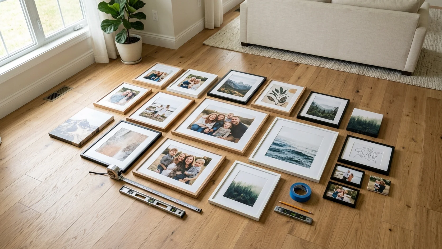 Selection of different print types for a gallery wall including canvas prints, framed photos, MixPix tiles, and acrylic prints arranged on a floor before hanging