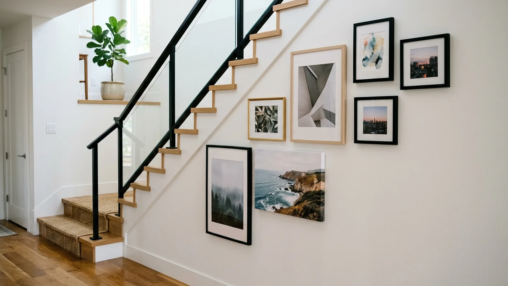 Gallery wall arranged diagonally along a staircase with framed prints and canvas art following the stair line