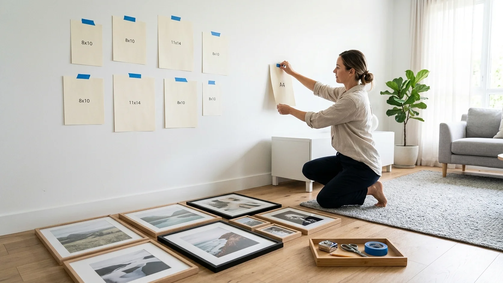 Step-by-step gallery wall creation process showing floor layout planning, paper templates taped to wall, and the final hanging result