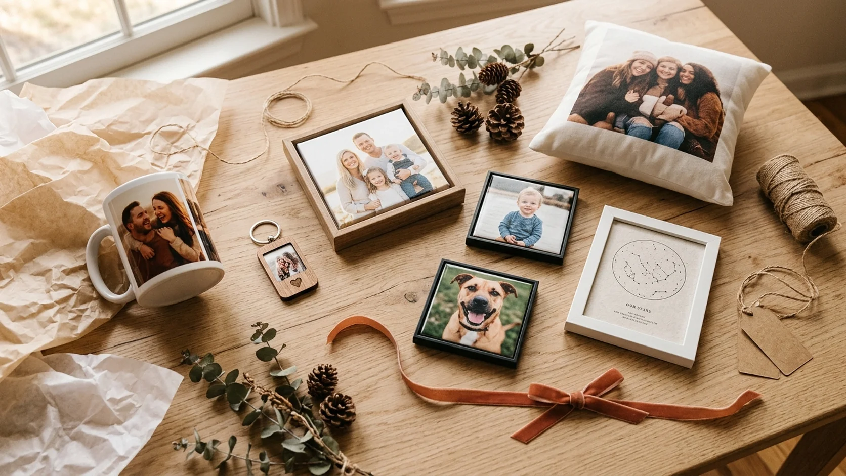 Collection of personalized photo gifts under fifty dollars including canvas prints, photo mugs, keychains, and photo tiles arranged on a table with price tags