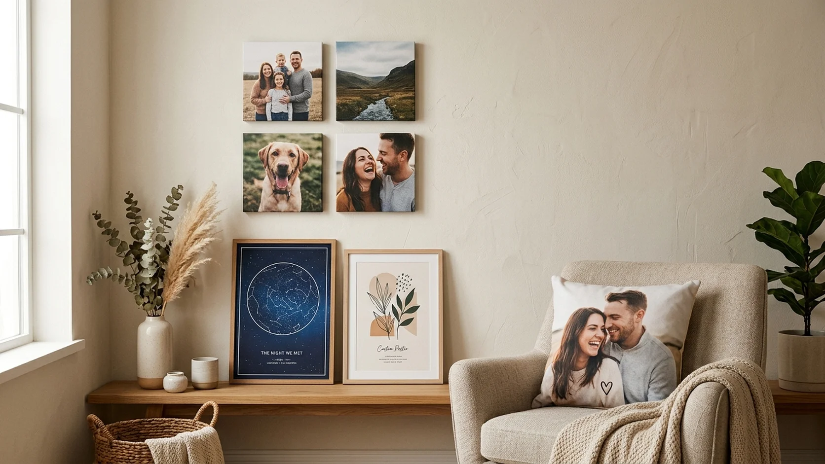 Personalized photo gifts in the fifteen to thirty dollar range including MixPix tiles, star map, poster print, and photo pillow on a styled shelf