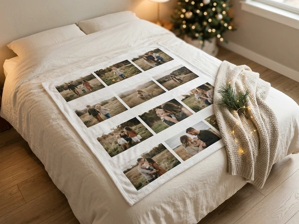 Christmas blanket collage with one photo for each month of the year