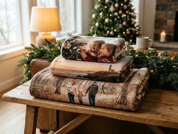 Three Christmas blanket sizes shown side by side for scale