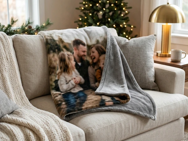 Premium plush Christmas blanket at sofa size draped across a couch