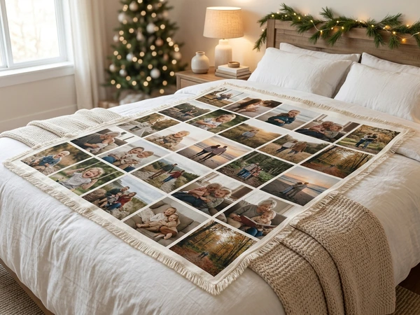 Christmas blanket printed with a grid of family photos