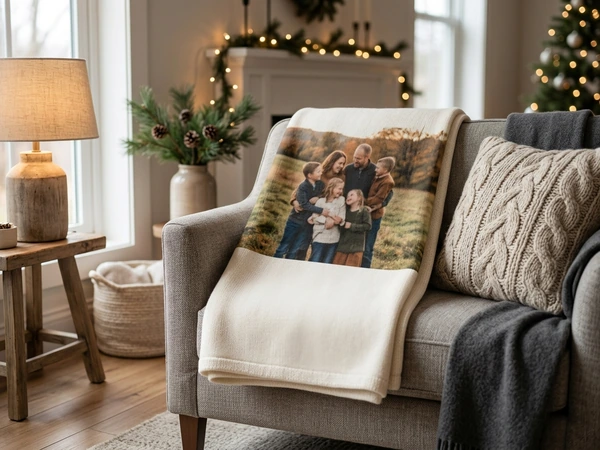 Christmas blanket printed with a photo and a short message