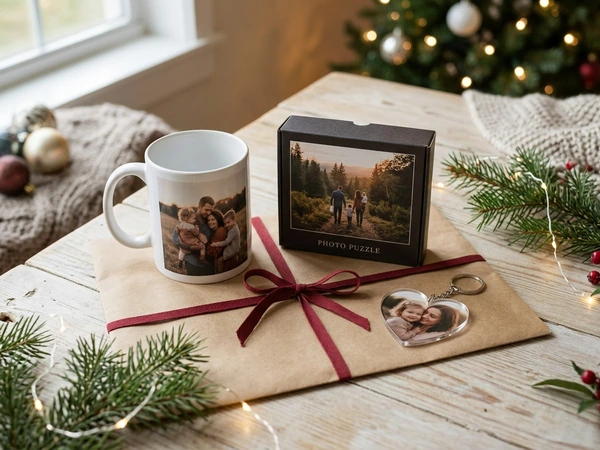 Christmas mug paired with a photo puzzle as a gift under twenty five dollars