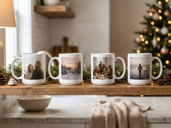 Set of four Christmas mugs, each printed with a different family photo
