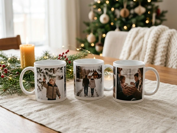Row of Christmas mugs printed with a photo from each of the last few years