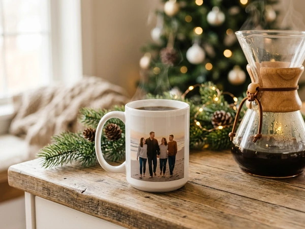Classic ceramic Christmas mug printed with a family photo beside the handle
