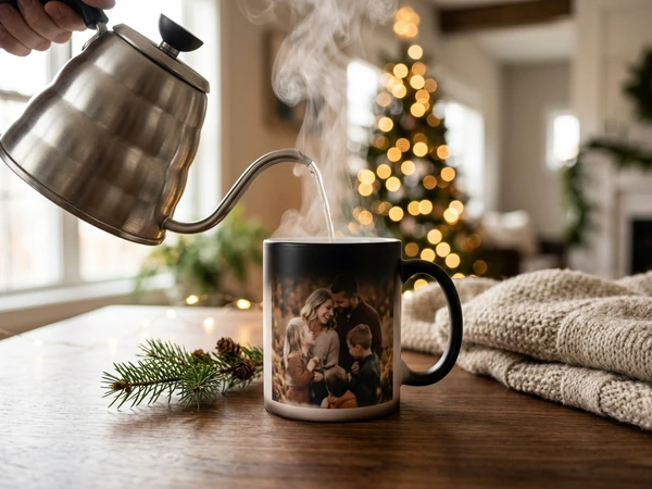 Magic Christmas mug turning clear to reveal a photo as a hot drink is poured