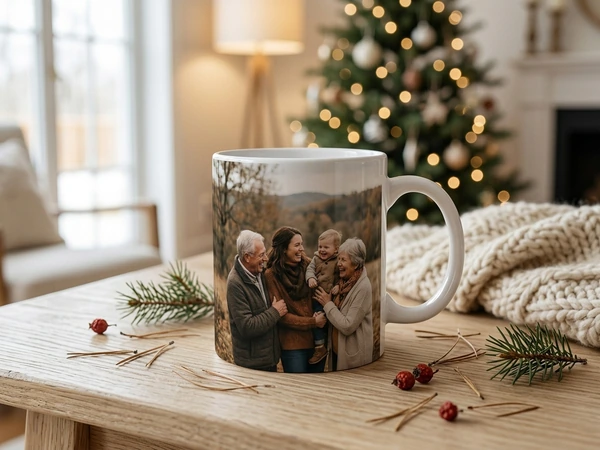 Panorama Christmas mug with a group photo wrapping the full circumference