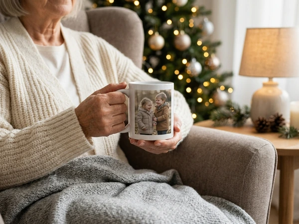 Christmas mug for grandparents printed with a family group photo