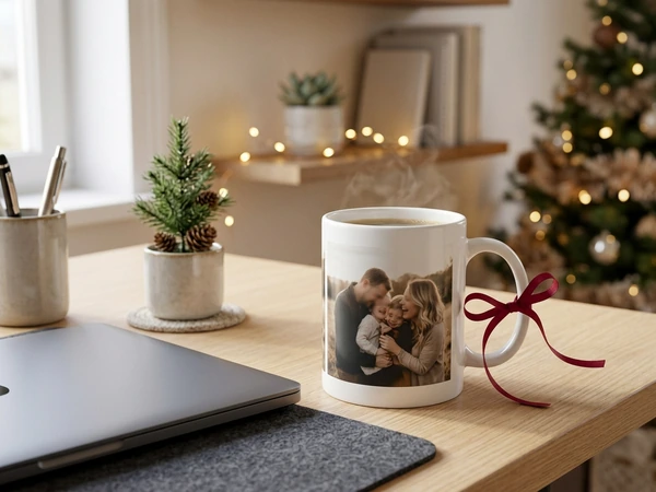 Office Secret Santa Christmas mug tied with a ribbon on a desk