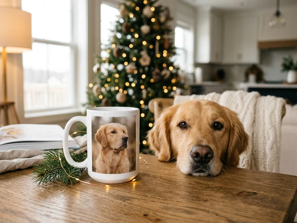 Christmas mug printed with a pet portrait of a dog