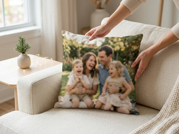 Checking the borderless crop of a Christmas pillow before ordering