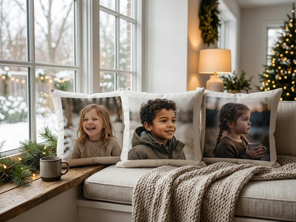 Three Christmas pillows in a row, one photo per child