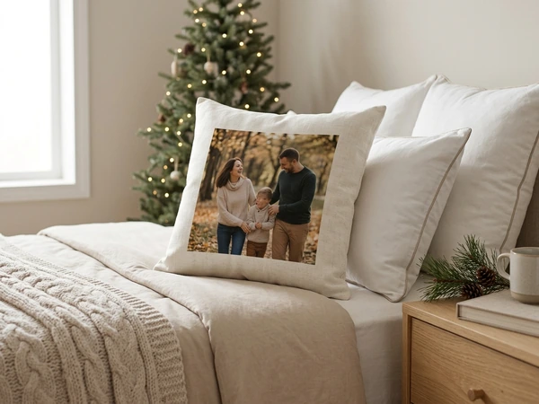 Large Christmas pillow propped against bed pillows as an accent