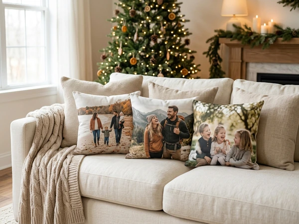 Sixteen inch Christmas pillow sitting among cushions on a sofa
