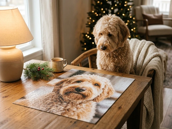 Christmas puzzle printed with a pet portrait showing fur texture