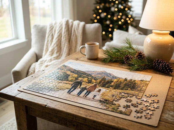 Christmas puzzle photo showing why large flat areas are harder to assemble