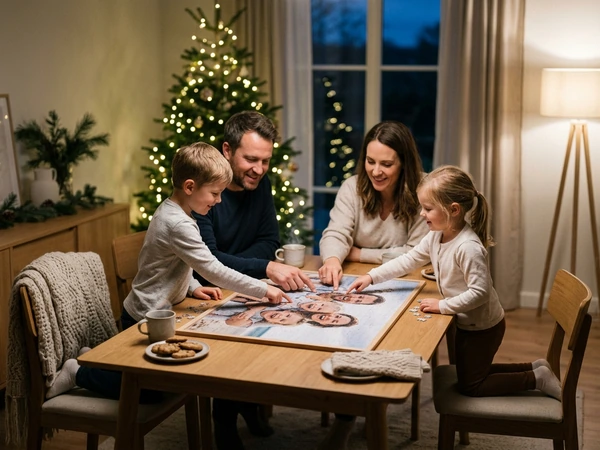 Family assembling a Christmas puzzle together at a dining table
