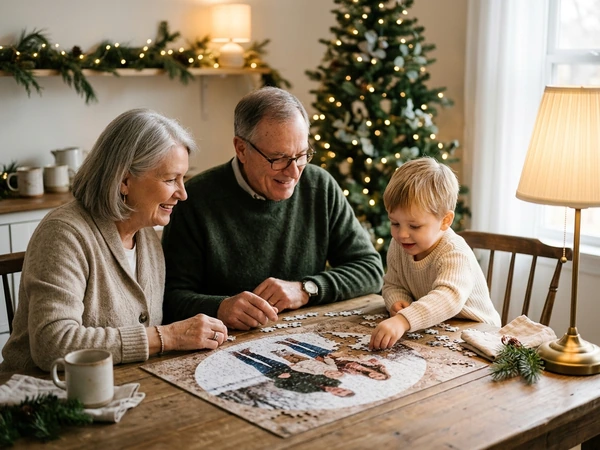 Grandparents working on a Christmas puzzle of their grandchildren