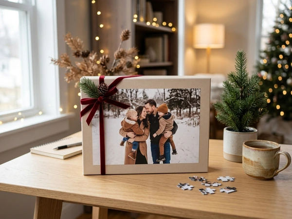 Boxed Christmas puzzle tied with a ribbon as a Secret Santa gift on a desk