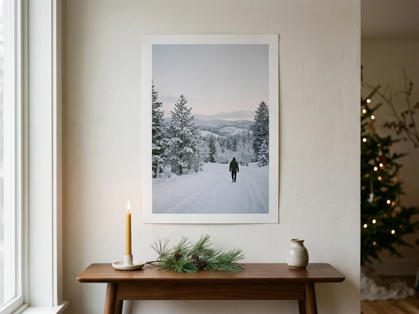 Matte paper Christmas wall art poster pinned above a console table