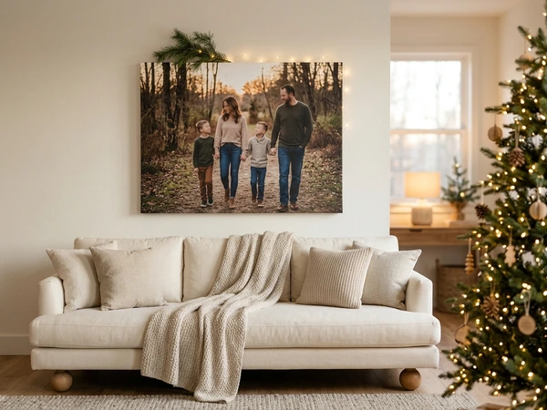 Large Christmas wall art canvas hung above a living room sofa