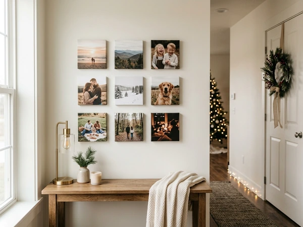 Six small square canvases arranged as a Christmas wall art grid