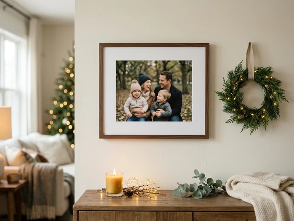 Framed Christmas wall art behind acrylic glass in a decor frame
