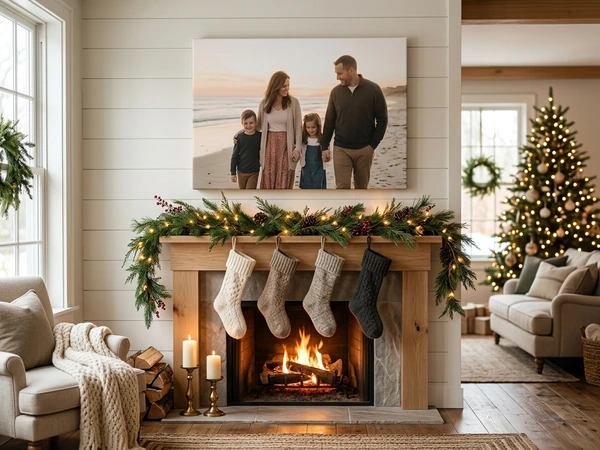 Family portrait printed as Christmas wall art above a fireplace