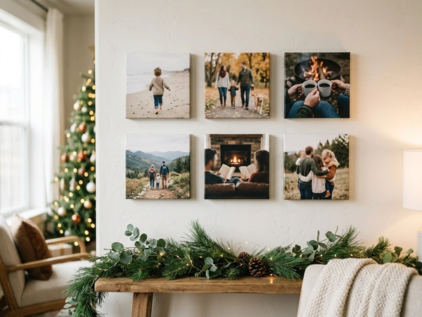 Gallery wall of small Christmas wall art prints arranged in a grid