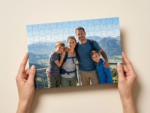 Hands holding a photo puzzle of a family of four in front of mountains