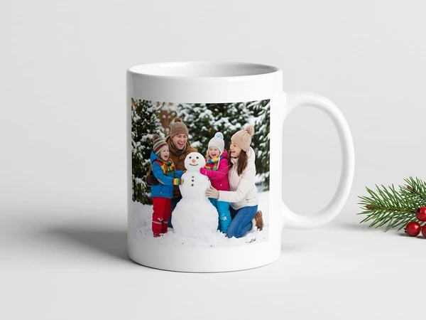 White photo mug of a mom and three children hugging a snowman