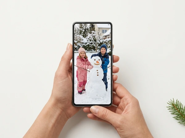 Hands holding a phone with a photo of two children beside a snowman