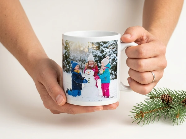 Hands holding a photo mug of three children kneeling by a snowman