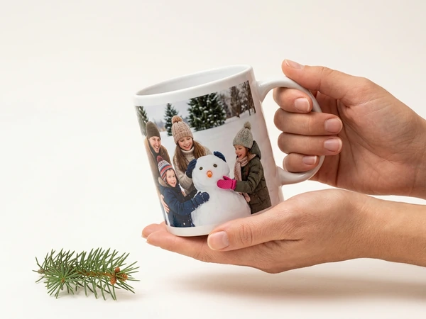 Hands lifting a finished photo mug of a mom and children around a snowman