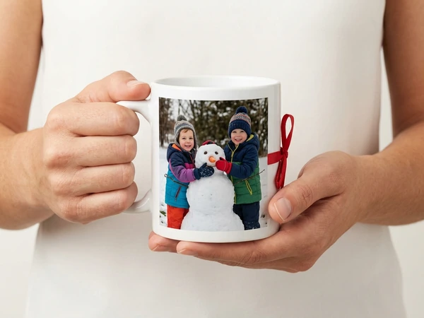 Person holding a photo mug of two children hugging a snowman