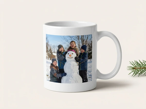 White photo mug of a mom and three children beside a snowman