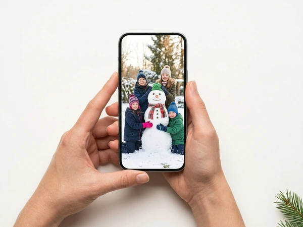 Hands holding a phone with a photo of a mom and three children by a snowman