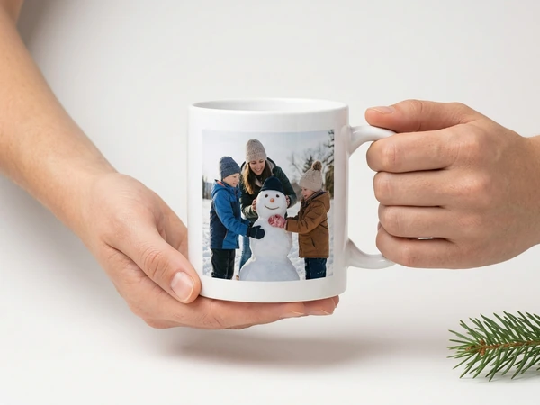 Hands turning a photo mug of a mom and two children with a snowman
