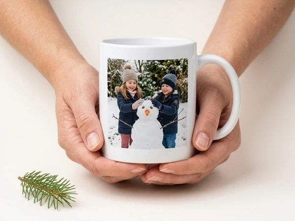 Both hands cupping a finished photo mug of two children beside a snowman