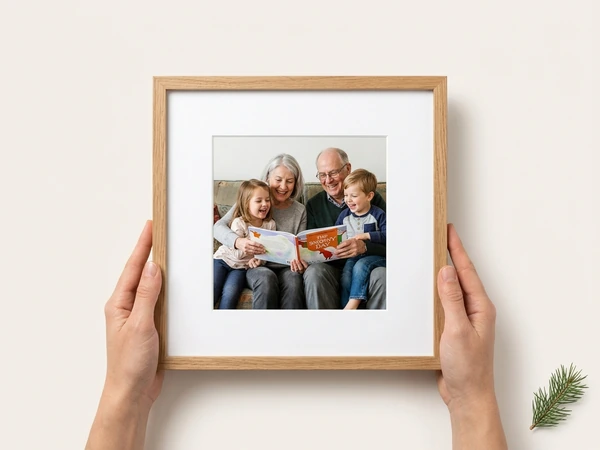 Hands holding an oak framed photo of grandparents and grandchildren with a book