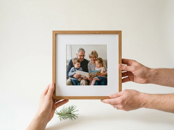 Two people passing a finished oak framed picture of grandparents reading