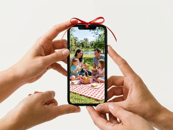 Hands holding a phone with a red bow showing a family picnic photo