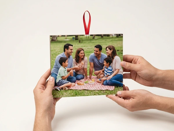 Hands holding up a photo print of two families picnicking on the grass