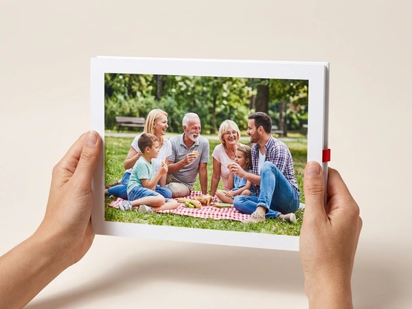 Hands holding a finished white framed print of a family picnic in the park